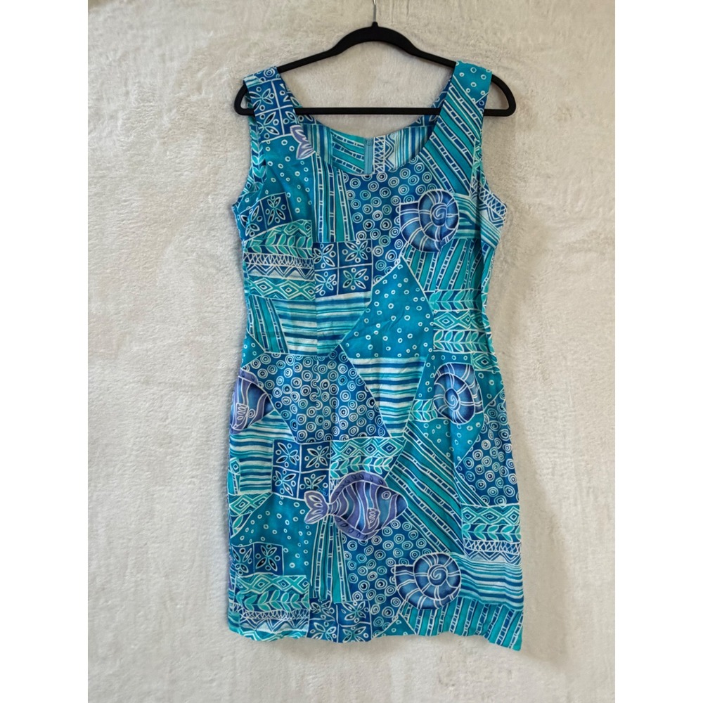 Bindi Blue Batik Fish Shell Print Rayon Shift Dress Womens Large Sleeveless USA